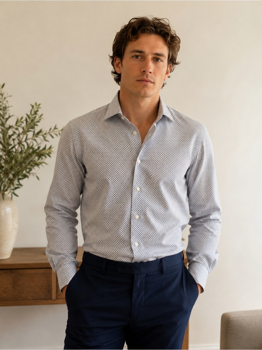 Eton Shirt Mens 18.5/47 Blue White Geometric Classic Fit Cotton L/S Dress Shirt
